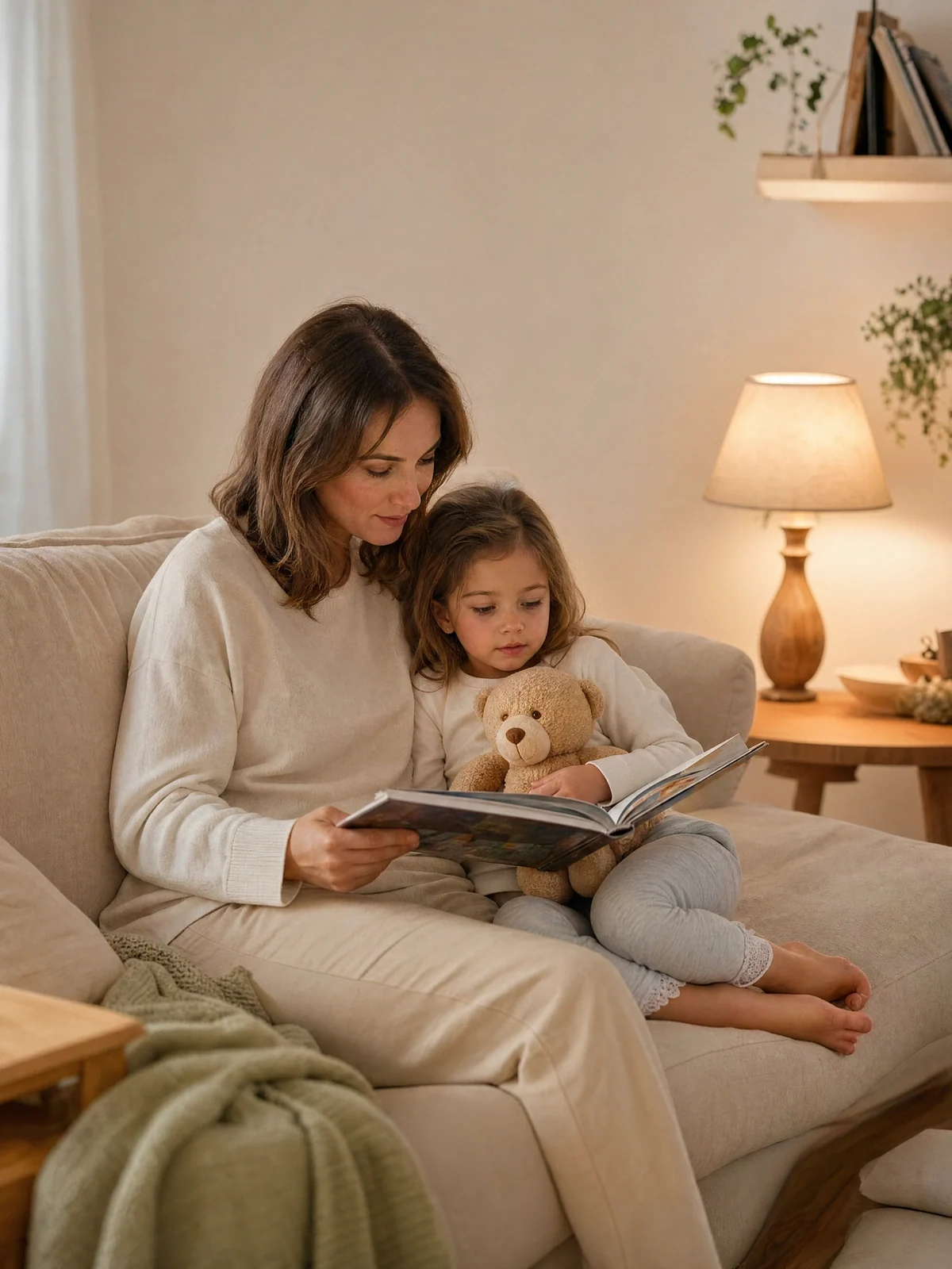 A mother and child sharing a picture book with a teddy bear