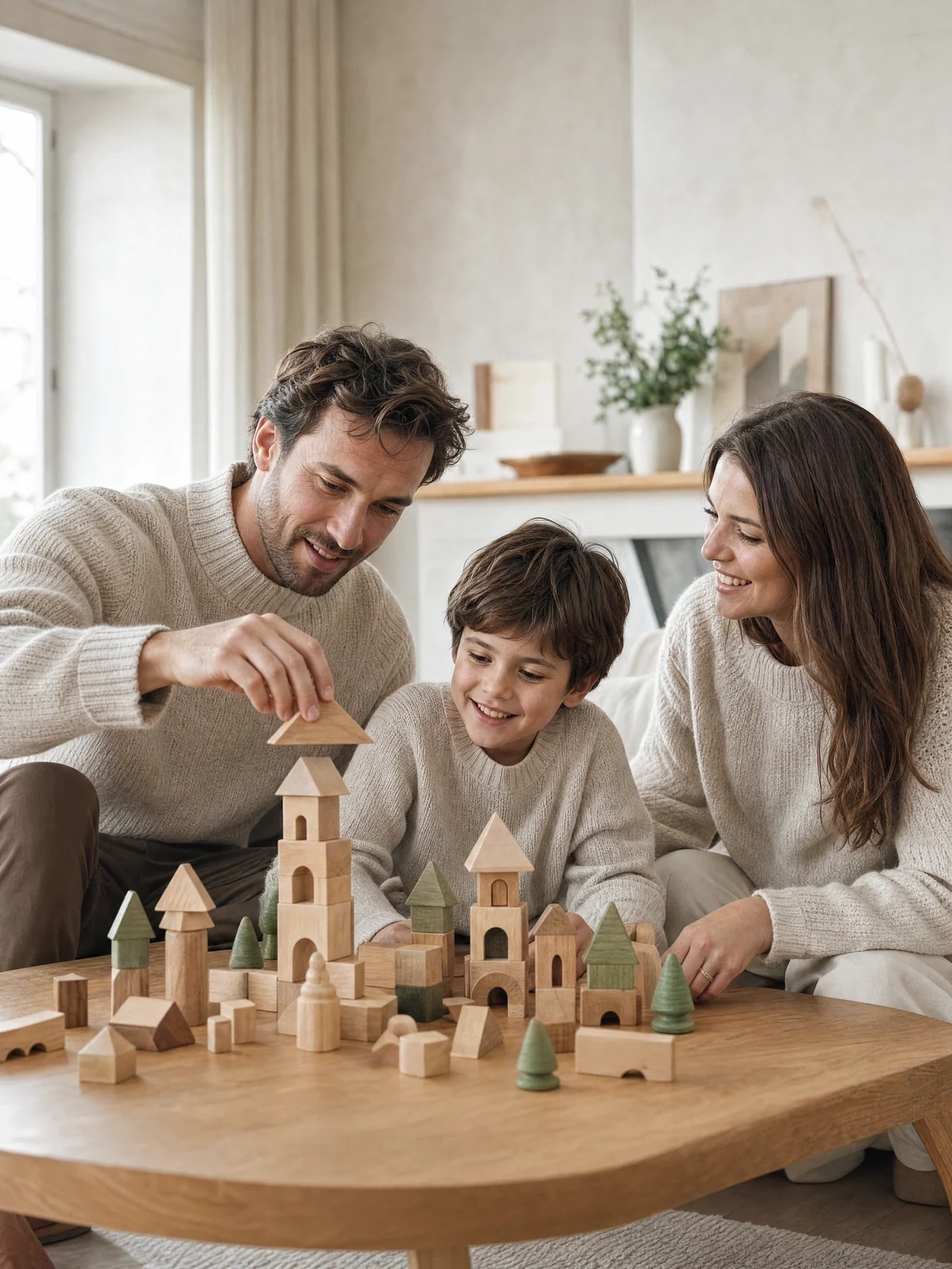 Parents and child building a wooden-block town together